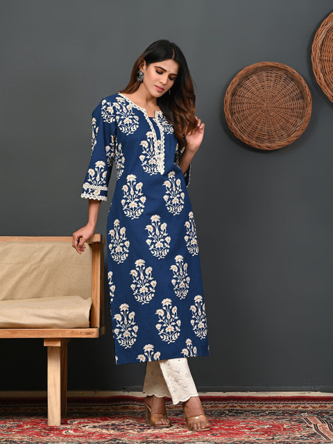 Rimeline Ethnic Motifs Printed Round Neck Zari Straight Pure Cotton Kurta - Image 4