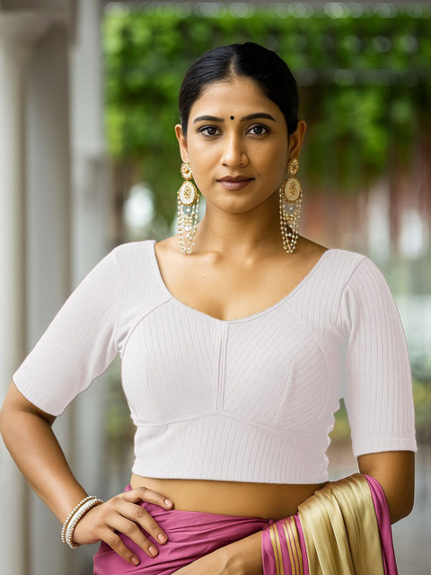 PU FASHION Self-Design Round Neck Saree Blouse