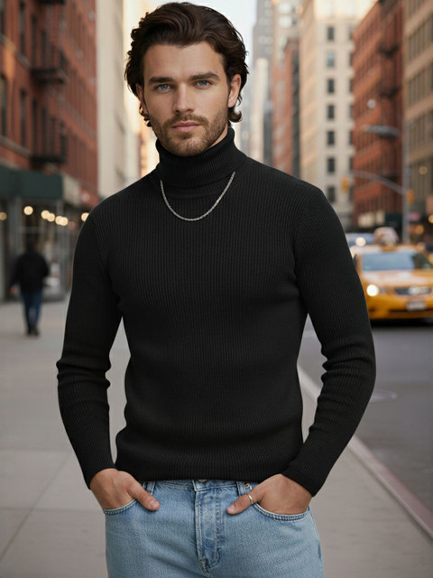 Genzy Self Design Turtle Neck Slim Fit T-shirt