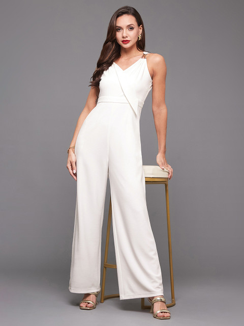 Miss Chase Women V-Neck Sleeveless Solid Wrap Regular-Length Polyester Jumpsuit
