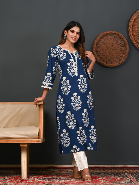 Rimeline Ethnic Motifs Printed Round Neck Zari Straight Pure Cotton Kurta - Image 6