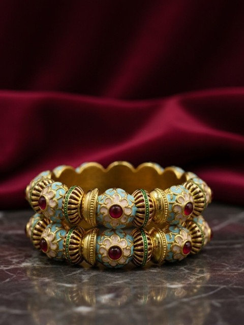 PANASH Set Of 2 24KT Gold-Plated Ruby & Emerald Stones Studded Flower Shaped Bangles