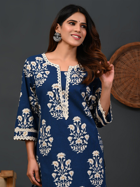 Rimeline Ethnic Motifs Printed Round Neck Zari Straight Pure Cotton Kurta - Image 7