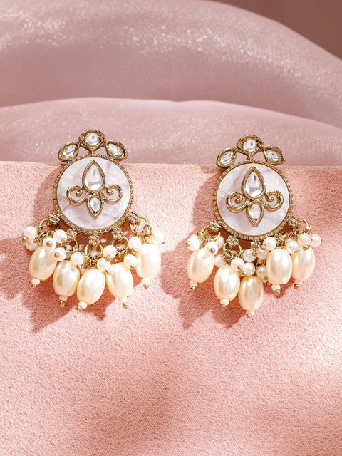 Women 22K Gold-Plated White Kundan Handcrafted Drop Earrings with Glossy White Pearl Bead