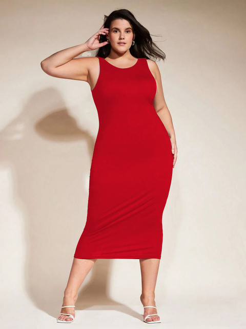 BAESD Women Plus Size Solid Round Neck Sleeveless Bodycon Midi Dress