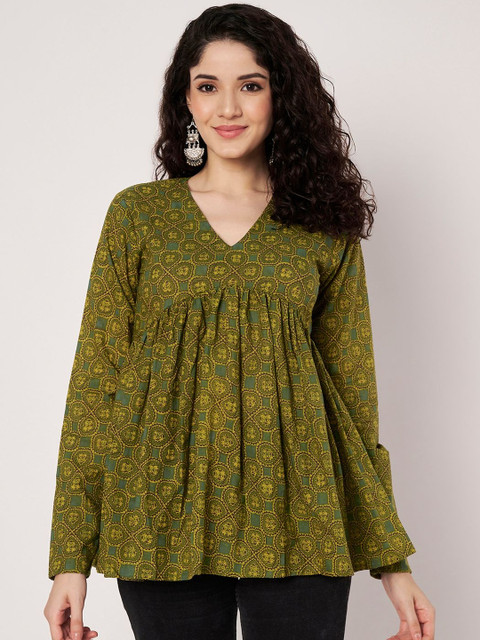 SPARSA Women Ethnic Motifs Printed V-Neck Long Sleeves Cotton A-Line Top