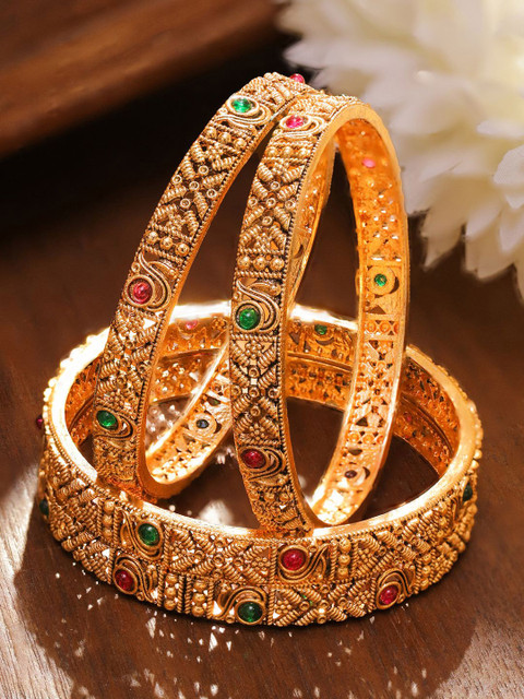 Rubans Set of 2 22K Gold-Plated Antique Bangles with Ruby Red & Emerald Green Stones
