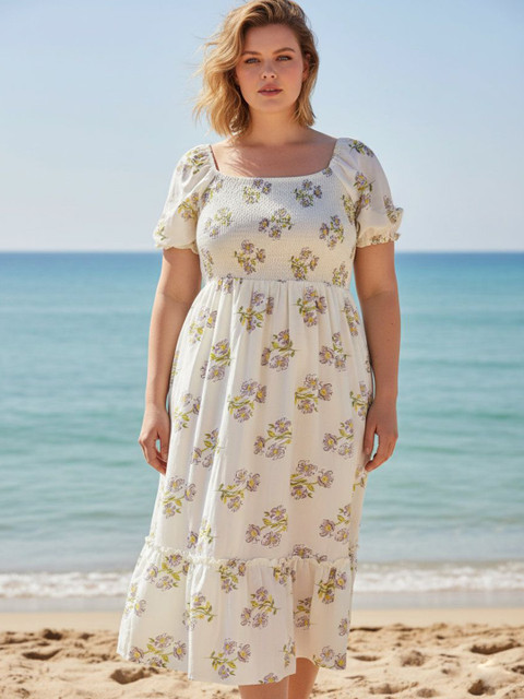 Sztori Women Plus Size Square Neck Smocked Floral Print Puff Sleeve Fit & Flare Midi Dress