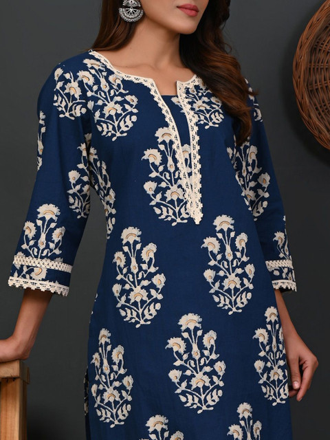 Rimeline Ethnic Motifs Printed Round Neck Zari Straight Pure Cotton Kurta - Image 3