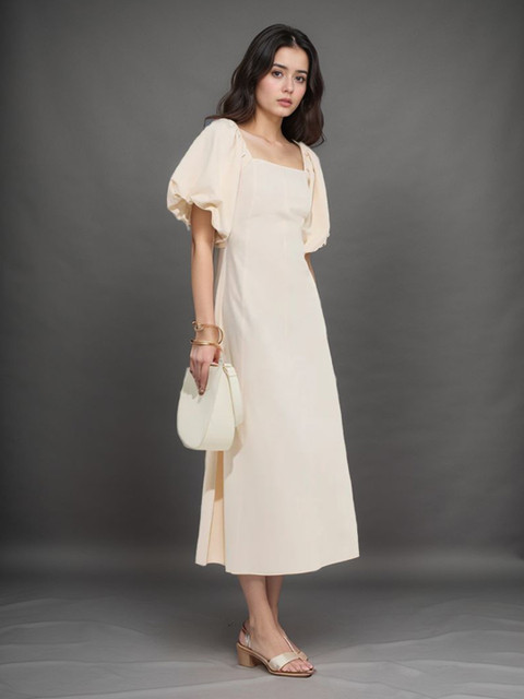 Tzelynn Square Neck Puff Sleeve Cotton A-Line Midi Dress