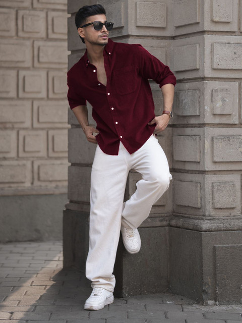 Powerlook Men Solid Button-Down Collar Pure Cotton Wine Casual Shirt