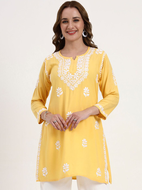 The Chikan Label Yellow Ragavi Rayon Chikankari Short Top