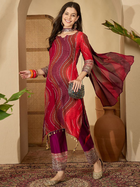 Sangria Women Ethnic Motifs Printed Regular Kurta with Trousers & Choker Dupatta