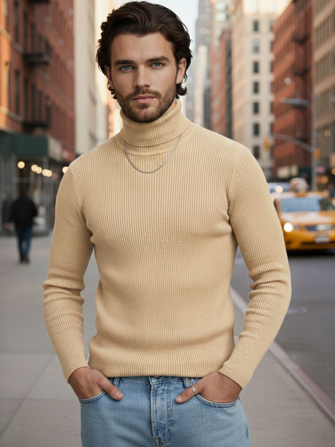 Genzy Men Self Design Ribbed Turtle Neck Slim Fit T-shirt