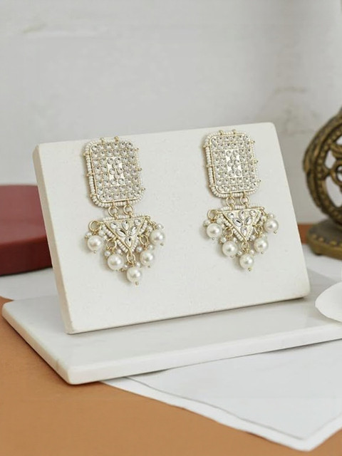 TESSARA Silver-Plated Kundan Studded And Beaded Geometric Shaped Drop Earrings - Image 3