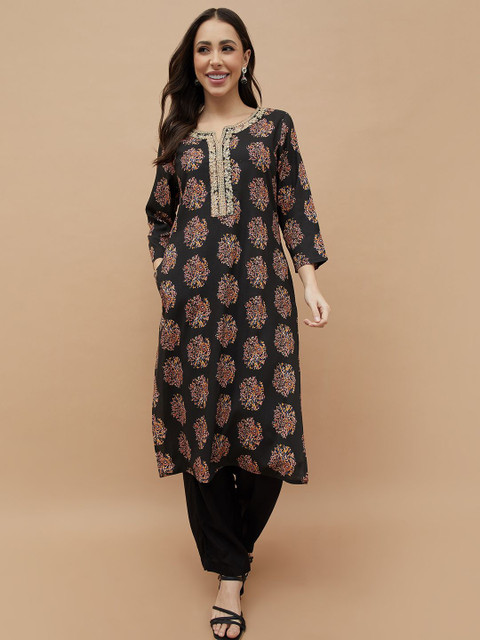 Melange by Lifestyle Women Ethnic Motifs Printed Sequined Details Straight Kurta