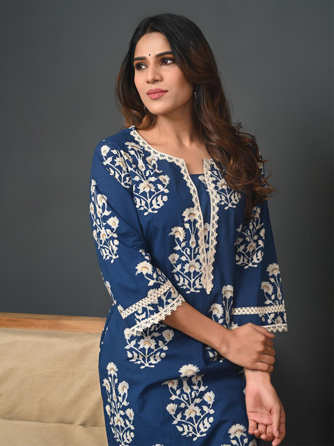 Rimeline Ethnic Motifs Printed Round Neck Zari Straight Pure Cotton Kurta