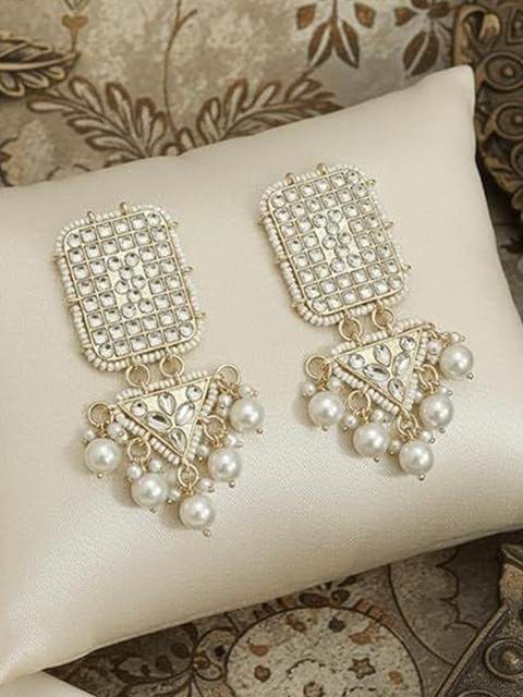 TESSARA Silver-Plated Kundan Studded And Beaded Geometric Shaped Drop Earrings - Image 2