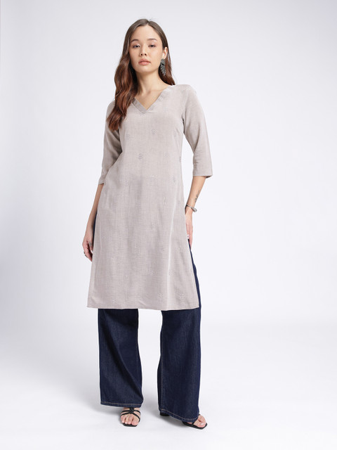 fusion by glitchez V-Neck Thread Work Detailed Straight Kurta