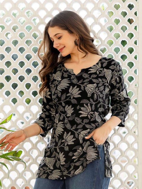 Mialo fashion Floral Printed Mandarin Collar Straight Kurti