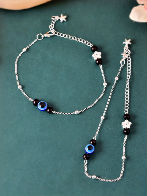 VOJ Set Of 2 Stainless Steel Silver-Plated Artificial Beaded Evil Eye Anklet