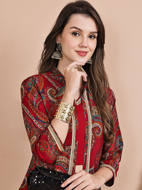 Claura Printed 3 Pieces V-Neck Chanderi Silk Top & Palazzo With Shrug Co-Ord Set - Image 2
