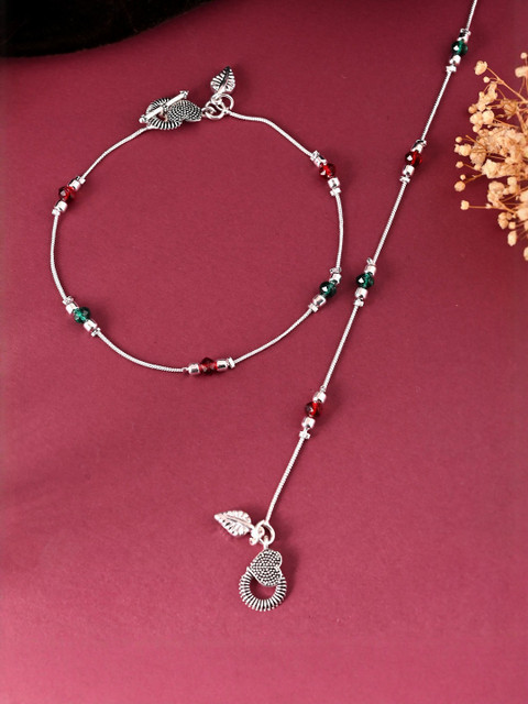 VOJ Set Of 2 Stainless Steel Silver-Plated Artificial Beaded Anklet