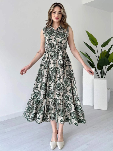 MANOJAVA Ethnic Motifs Printed Shirt Collar A-Line Midi Dress