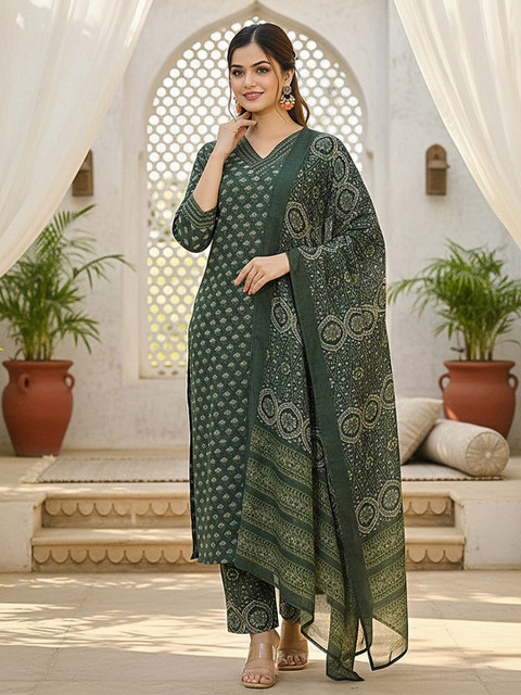 KALINI Floral Printed V-Neck Straight Kurta With Trousers & Dupatta