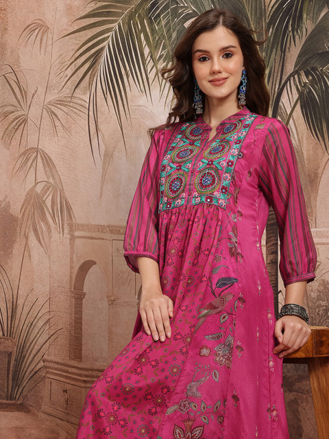 Sangria Ethnic Motifs Printed Thread Work Mirror Detail Empire Anarkali Kurta Set