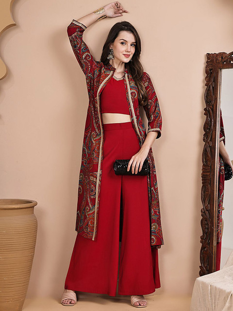 Claura Printed 3 Pieces V-Neck Chanderi Silk Top & Palazzo With Shrug Co-Ord Set - Image 6