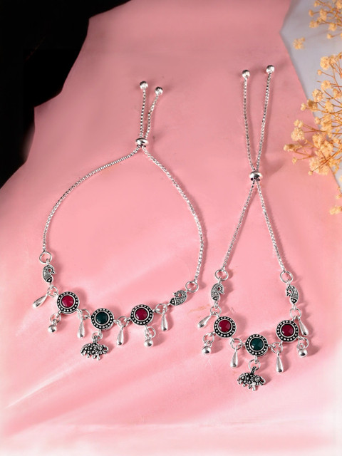 VOJ Set Of 2 Stainless Steel Silver-Plated Artificial Stones Studded And Beaded Anklet