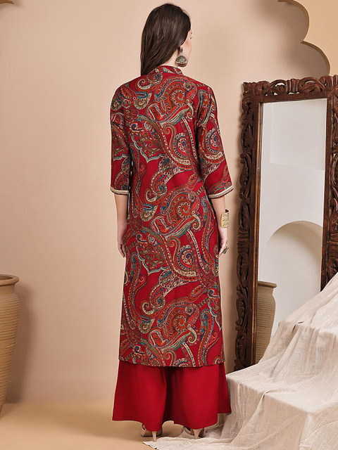 Claura Printed 3 Pieces V-Neck Chanderi Silk Top & Palazzo With Shrug Co-Ord Set - Image 4