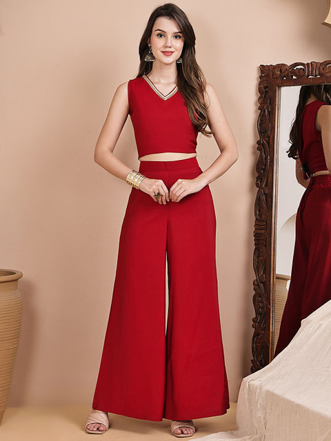 Claura Printed 3 Pieces V-Neck Chanderi Silk Top & Palazzo With Shrug Co-Ord Set - Image 7