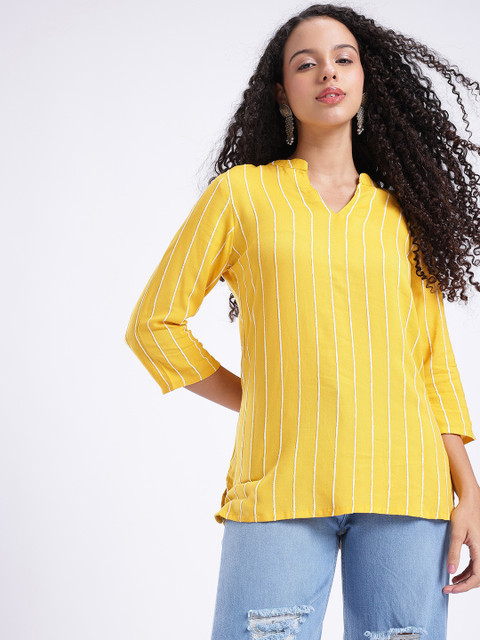 Anouk Rustic Striped Embroidered Mandarin Collar Kurti