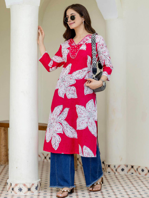 Pjyot by surhi Floral Embroidered V-Neck Thread Work Pure Cotton Kurta - Image 5