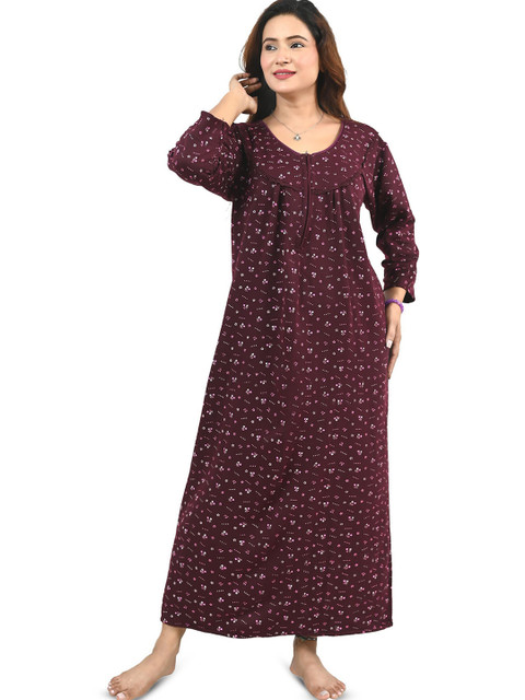 MIAVII CREATION Printed Round Neck Long Sleeves Maxi Nightdress