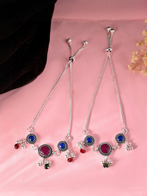 VOJ Stainless Steel Silver-Plated Artificial Stones Studded & Beaded Anklets