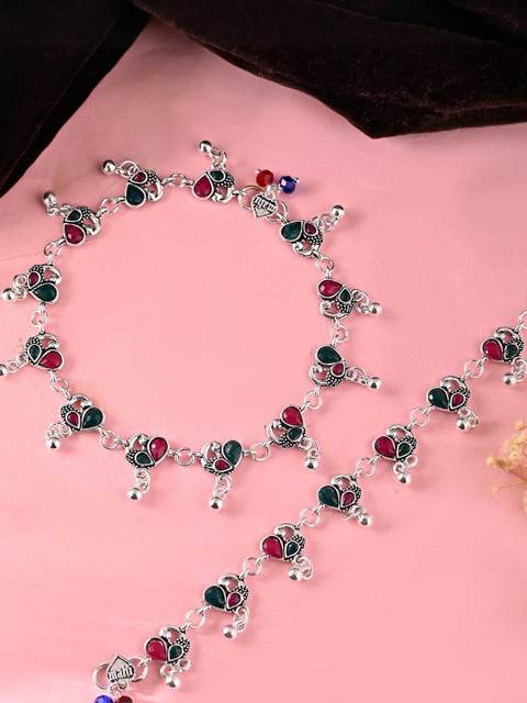 VOJ Stainless Steel Silver-Plated Stones Studded & Beaded Peacock Shaped Anklets