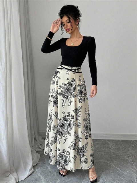 Outzidr Women Floral Printed Round Neck Maxi Dress