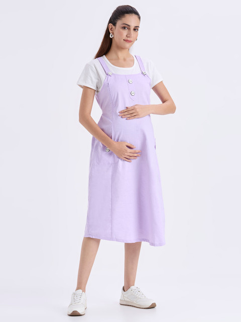 MeeMee Women Maternity Shoulder Straps Pinafore Midi Dress