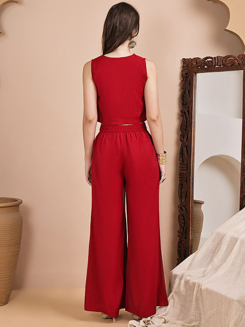 Claura Printed 3 Pieces V-Neck Chanderi Silk Top & Palazzo With Shrug Co-Ord Set - Image 5
