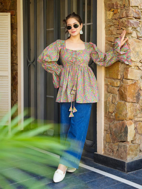 Aaghnya Paisley Printed Round Neck Puff Sleeves Anarkali Kurta