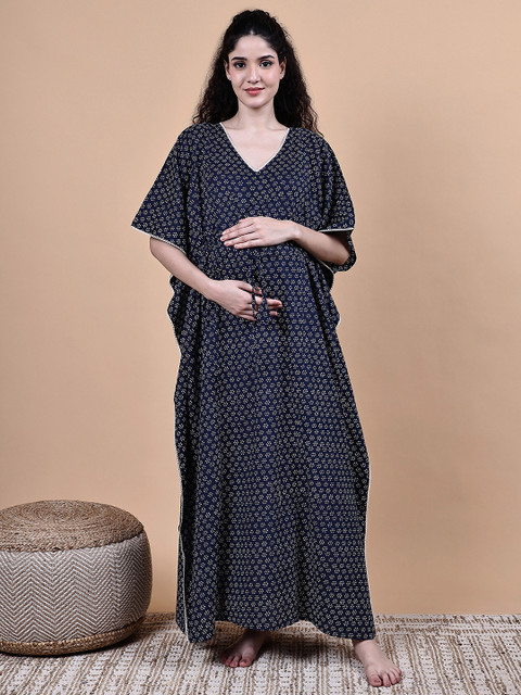Secret Wish Women Floral Printed V-Neck Maxi Pure Cotton Maternity Kaftan Nightdress