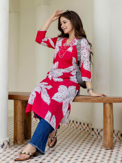 Pjyot by surhi Floral Embroidered V-Neck Thread Work Pure Cotton Kurta - Image 6