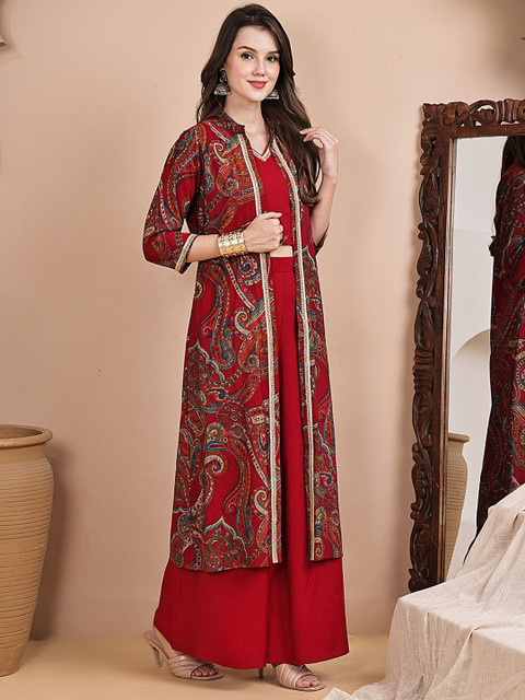 Claura Printed 3 Pieces V-Neck Chanderi Silk Top & Palazzo With Shrug Co-Ord Set - Image 3