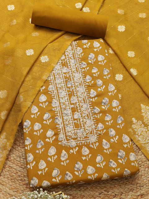 Soch Floral Printed Thread Work Jam Cotton Unstitched Dress Material