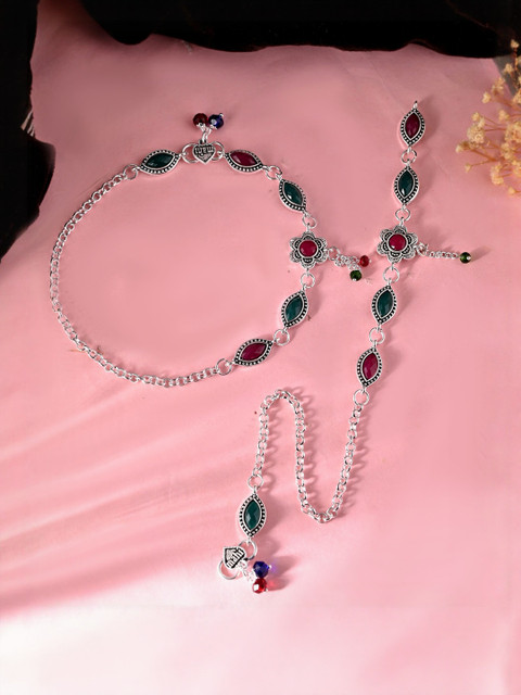 VOJ Stainless Steel Silver-Plated Stones Studded & Beaded Floral Shaped Anklets