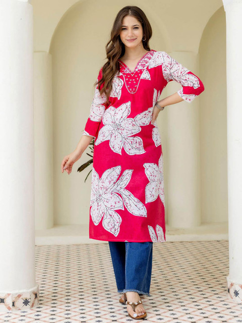 Pjyot by surhi Floral Embroidered V-Neck Thread Work Pure Cotton Kurta - Image 2