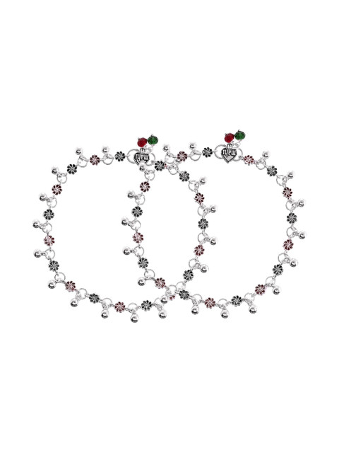 VOJ Set Of 2 Stainless Steel Silver-Plated Artificial Beaded Floral Designed Anklet